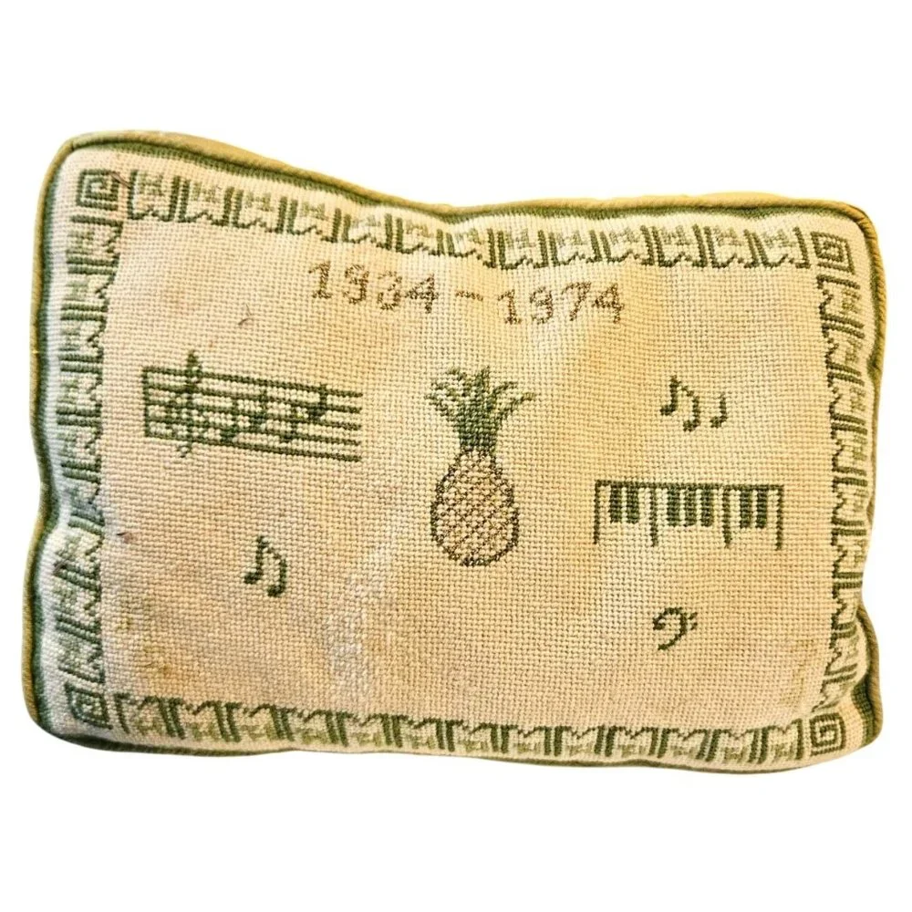 Vintage‎ Needlepoint Pillow With Pineapple & Music Motif Olive Green & Beige